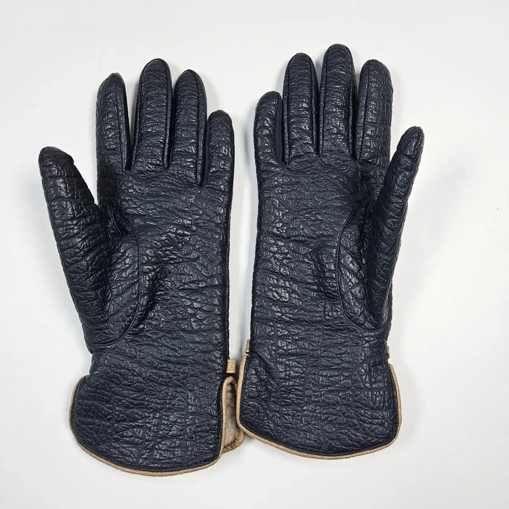 Aris Snuggler Blue Driving Gloves Womens  Vtg‎ Vinyl Backed Sherpa Lined Vintage